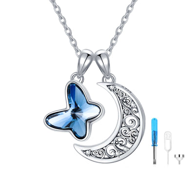 Sterling Silver Urn Crescent Moon Cremation Memorial Pendant with Blue Butterfly Necklace - TinnLizzie