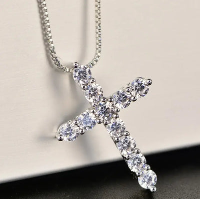 Crystal Cross Pendant Silver Chain Necklace - TinnLizzie