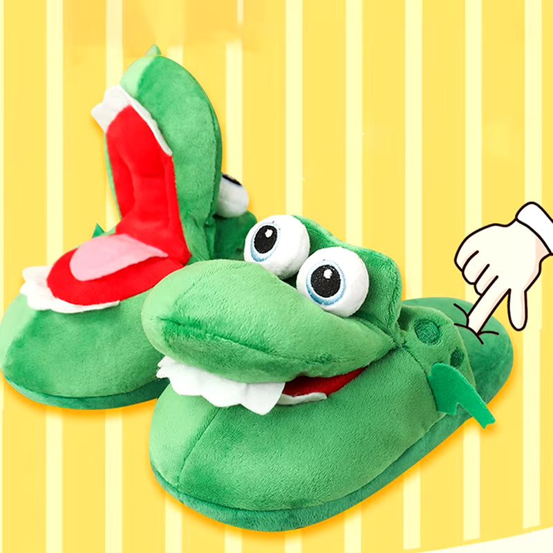 Cartoon Crocodile Cotton Slippers with Moving Mouth Funny Home Cotton Shoes Winter Walking Warm Christmas Gift for Men Women